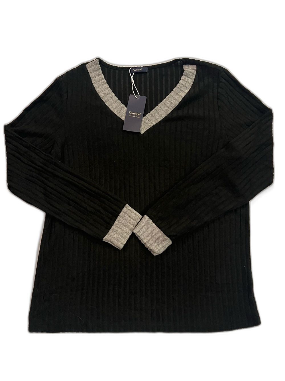 NWT Black Ribbed V-Neck Sweater with Gray Trim